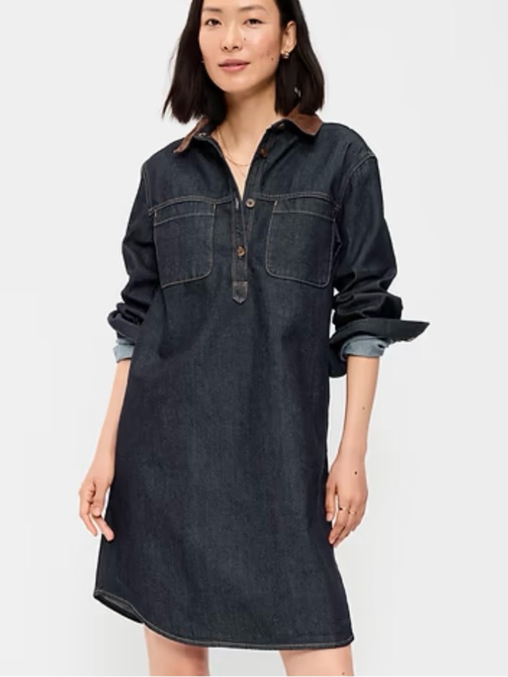 Old Navy Dark Indigo Denim Shirt Dress with Brown Collar